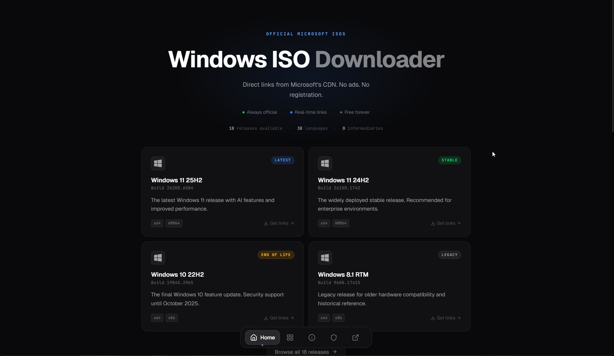 Home page showing featured Windows releases