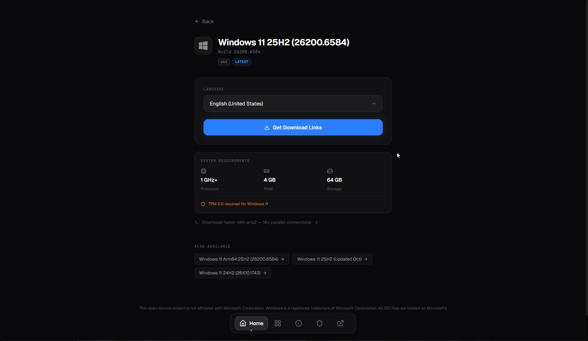 Product detail page with language dropdown